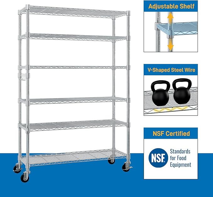 6 Tier Storage Racks Shelving, Heavy Steel Pantry Shelves, Adjustable Wire Shelving Rack with Wheels, Suitable for Garage, Kitchen, Bathroom, Office, 46" W x 18" D x 82" H, Chrome