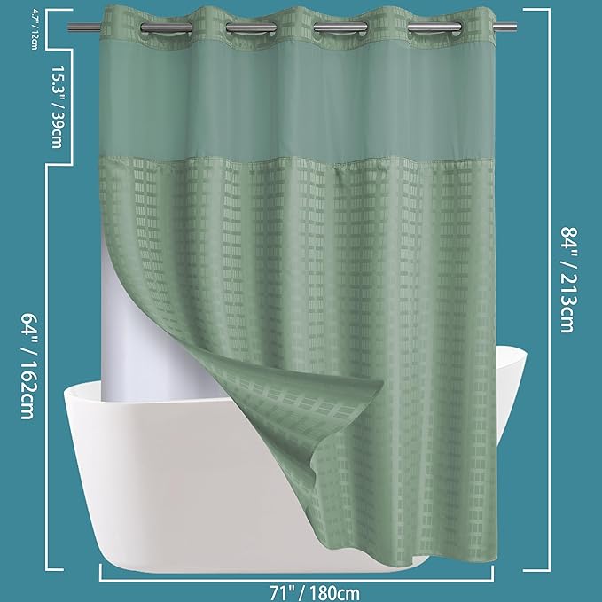 Conbo Mio Extra Long No Hook Sage Green Shower Curtain with Snap in Liner Set, Hotel Luxury Shower Curtains for Bathroom with See Through Top Window, Waterproof, Washable 71W x 84H
