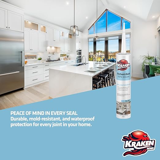 Kraken Bond Premium Kitchen and Bathroom Silicone Caulk Clear - (12x10.1 fl.oz) RTV Clear Silicone Sealant Waterproof for Kitchen, Bathroom, Shower, Sink, Anti Shrink 100% Silicone Caulking | 12 Pack