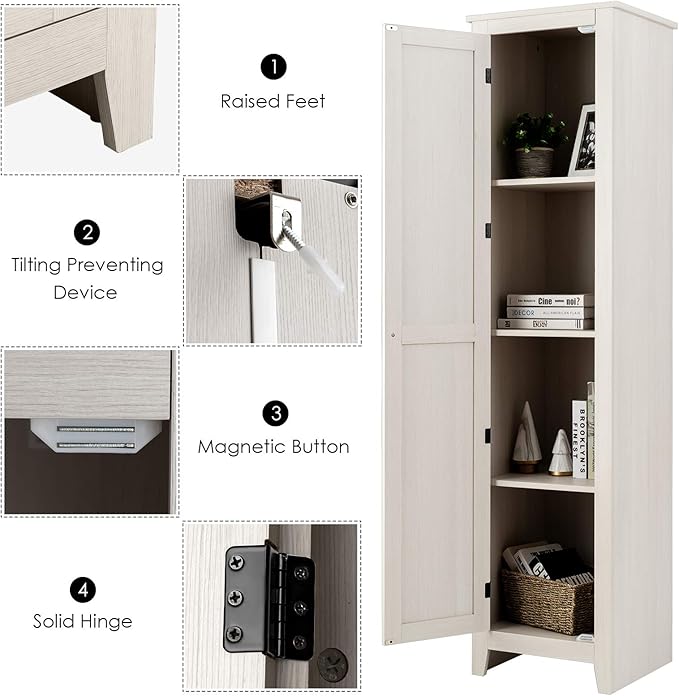 Giantex Tall Storage Cabinet Freestanding Floor Storage Tower with Four Shelves and Single Door, 17x16x72 Inch, Narrow Utility Cabinet for Living Room, Bathroom (Grayish White)