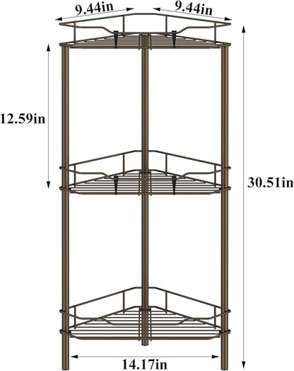 3 Tier Floor Standing Corner Shower Caddy Organizer Shelf with Hooks, Bathroom Shelves Stand Rack, Bronze