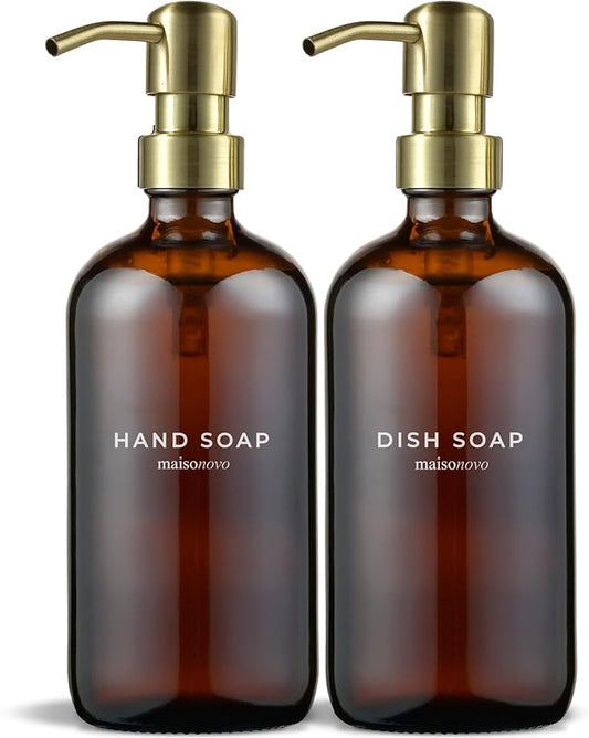 MaisoNovo Soap Dispenser 2-Piece Set | 16.9oz Amber Bottles with Gold Stainless Steel Pumps