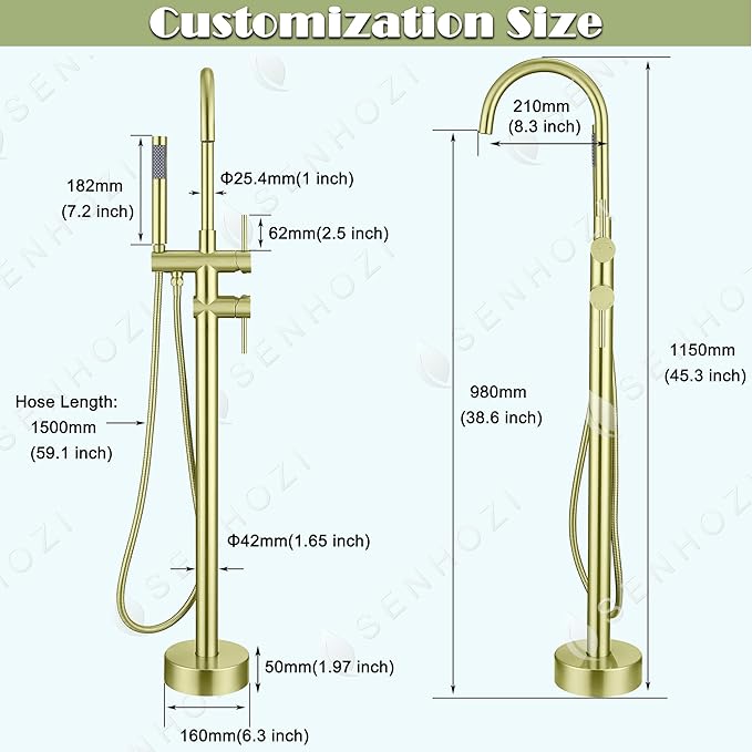 Freestanding Tub Faucet Floor Mount Tub Fillers, Senhozi Brushed Gold Free Standing Tub Faucets, Mixer Tap Two Handle Gold Freestanding Bathtub Faucet with Hand Shower, SE-3001-BG