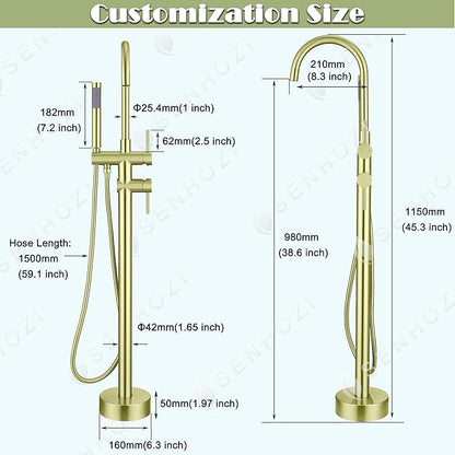 Freestanding Tub Faucet Floor Mount Tub Fillers, Senhozi Brushed Gold Free Standing Tub Faucets, Mixer Tap Two Handle Gold Freestanding Bathtub Faucet with Hand Shower, SE-3001-BG