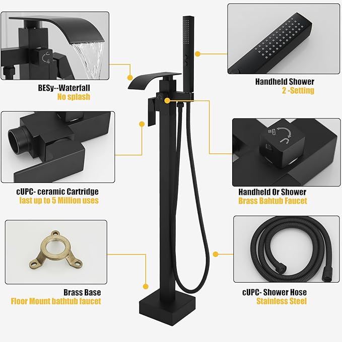 BESy Tub Filler Freestanding Bathtub Faucet Matte Black Floor Mount Tub Faucet Waterfall Free Standing Bathtub Filler High Flow Brass Bath Shower Faucets with Handheld Sprayer