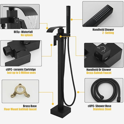 BESy Tub Filler Freestanding Bathtub Faucet Matte Black Floor Mount Tub Faucet Waterfall Free Standing Bathtub Filler High Flow Brass Bath Shower Faucets with Handheld Sprayer