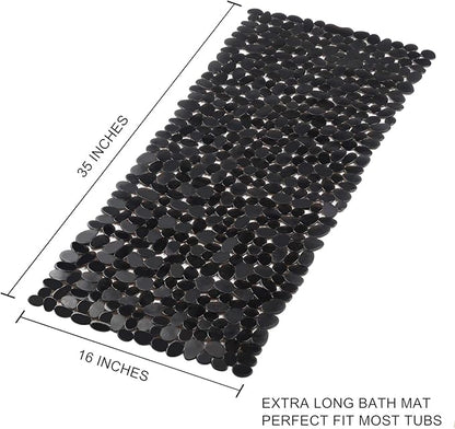 WELTRXE Non Slip Bathtub Mat 35 x 16 Inches Pebbles Shower Mats with Suction Cups, Drain Holes for Bathroom Showers, Tub, Machine Washable Bathroom Mats BPA, Latex Free Safe Tub Mats - Black
