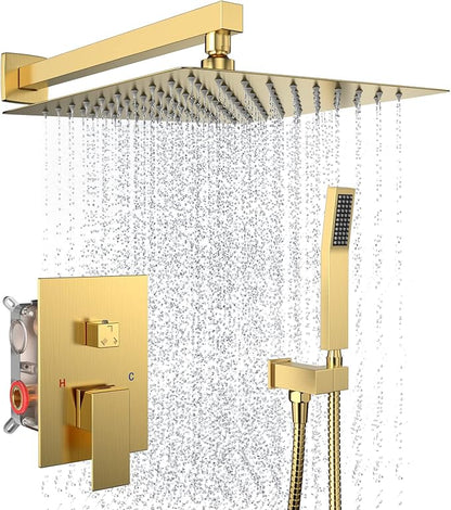 Rain Shower System 12 Inches Shower Head with Handheld Combo Set for Bathroom,High Pressure Rainfall Shower Faucet Set Wall Mounted,Rough-in Valve and Trim Kit(Brushed Gold)