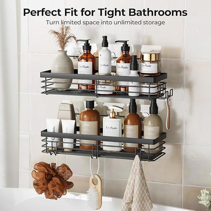 Orimade Shower Caddy with 5 Hooks for Hanging Razor and Sponge Adhesive Shower Shelf Basket Bathroom Storage Organizer Kitchen Rack No Drilling Stainless Steel Rustproof - 2 Pack,Black
