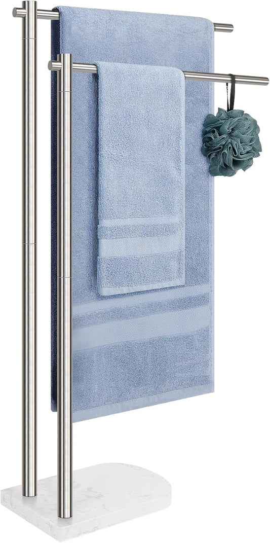 Livabber Standing Towel Rack, 304 Stainless Steel 2-Tier Towel Holder Stand with Marble Base, Modern Stylish Tall Shower Towel Bar for Bathroom Accessories, Pool（Brushed Nickel）