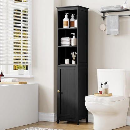 RRX Tall Bathroom Storage Cabinet,Slim Bathroom Cabinet with Door &Shelf,13.8" L*12.6" W*63.4" H,Freestanding Narrow Cabinet with Anti-Tip,Storage for Kitchen,Entryway (Black)