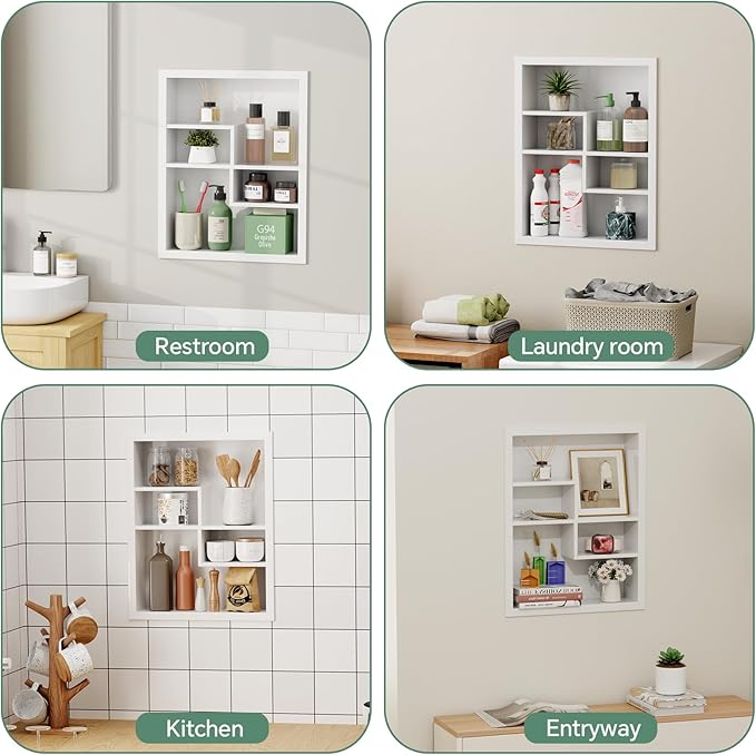 Stainless Steel Recessed Medicine Cabinet 14 * 18, Rust-proof Metal Wall Niche, In Wall Shower Niche Shelf Insert Replacement, Recessed Medicine Cabinets for Drywall, with 4 Compartments, White