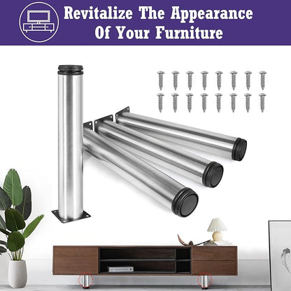 14 Inch Metal Furniture Legs Stainless Steel Adjustable Legs Silver Metal Legs Round Cabinet Legs for Coffee Table Cabinet Desk Sofa Shelves, Pack of 4
