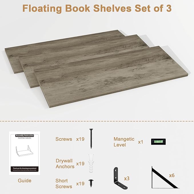 Fun Memories Floating Shelves for Wall, 36 Inches Long Set of 3 Wall Shelves for Bedroom, Floating Bookshelves with Metal Brackets for Living Room, Kitchen, Bedroom and Laundry Room (Grey)