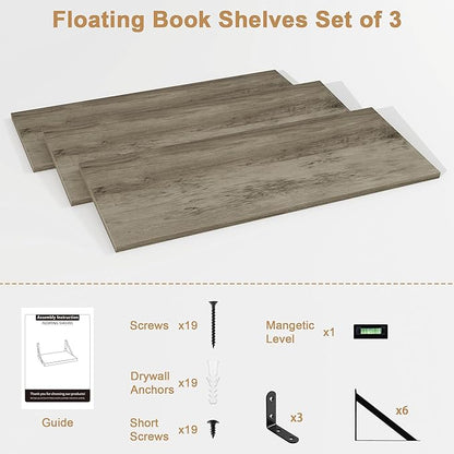 Fun Memories Floating Shelves for Wall, 36 Inches Long Set of 3 Wall Shelves for Bedroom, Floating Bookshelves with Metal Brackets for Living Room, Kitchen, Bedroom and Laundry Room (Grey)