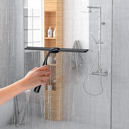 Black Shower Squeegee for Glass Door 12-Inch Bathroom Squeegee Window Wiper, with Shower Door Hook, Adhesive Hook, Spare Silicone Blade for Window Mirror Car All-Purpose Squeegee