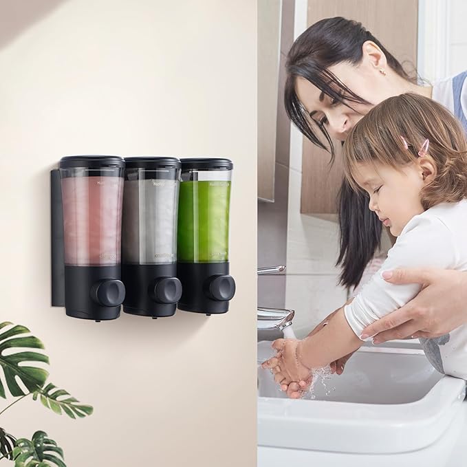 Shampoo and Conditioner Dispenser No Drill Shower Soap Dispenser Wall Mounted Shower Dispenser 3 Chamber with Upgrade Smooth Pump Head Bathroom Body Wash Soap Dispenser Set 450ml*3 Black