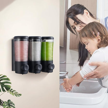 Shampoo and Conditioner Dispenser No Drill Shower Soap Dispenser Wall Mounted Shower Dispenser 3 Chamber with Upgrade Smooth Pump Head Bathroom Body Wash Soap Dispenser Set 450ml*3 Black