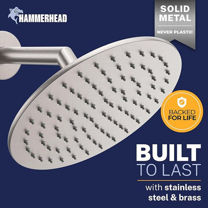 HammerHead Showers Solid Metal Round 8 Inch Rainfall Shower Head, High Flow Shower Head Optimized for Pressure, Brushed Nickel, 1.75 GPM