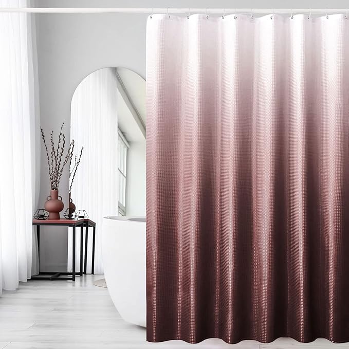 Gibelle Burgundy Fabric Shower Curtain, Ombre Shower Curtains for Bathroom, Waffle Weave Textured Shower Curtain Set with Hooks, Water Repellent and Machine Washable, 72 x 72
