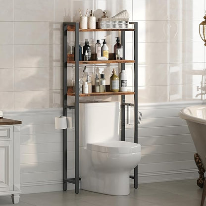 Over The Toilet Storage Rack, 3 Tier Bathroom Organizer Over Toilet, Freestanding Space Saver Toilet Stand with 2 Hooks, Bathroom Storage Shelf, Easy to Assemble, Rustic Brown TSHR6001