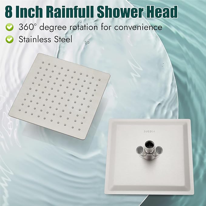 Heyalan 8 Inch Shower Head and Handle Set Square Shower Faucet Set Bathroom Rainfall Shower System Stainless Steel Showerhead Single Function Shower Trim Kit,Female Thread Valve,Brushed Nickel
