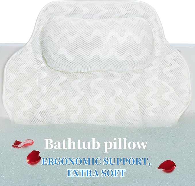 Super Thick Bath Pillow, Soft and Comfortable Bath Pillow, 4D mesh Fabric and 6 Non-Slip Suction Cups, Used for Bathtub Head and Neck Support to Relax Family spa hot tub Essentials, Ladies Bath Gift
