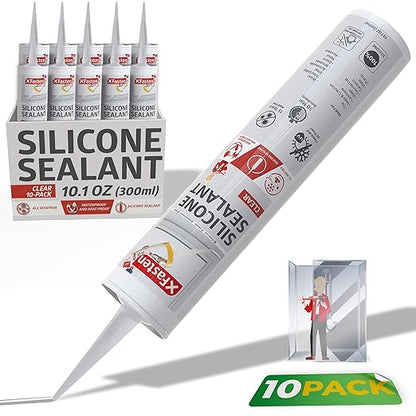 XFasten Clear Silicone Caulk Neutral Cure 10.1 oz (10-Pack) 100% Waterproof Silicone Sealant, Crack and Shrink Resistant, Low Odor, Strong Adhesion Caulking for Kitchen Bath Window Shower Outdoor Use