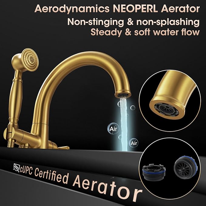 Free Standing Tub Faucet, Wintap Brass Antique Freestanding Bathtub Filler with Handheld Sprayer Max 6.6GPM/60PSI Classic Brushed Gold WT-9811BG