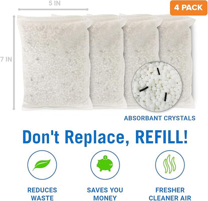 4 Pack Moisture Absorber Refill Bags, Unscented and Fragrance-Free Pellet Packs, Dehumidifier Refills for Buckets, Ideal for Eliminating Odors and Damp Air in Basement, Closet, Home, RV, and Boating