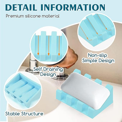 Silicone Soap Dish for Bar Soap Holder for Shower Bathroom Self Draining Waterfall Drying Tray Keep Soap Bars Dry Clean & Easy Cleaning (Sky Blue,2)