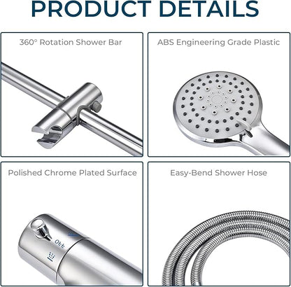 Outdoor Shower Faucet Set 8" Round Shower Head 3 Function Thermostatic Rainfall Shower Faucet Set Handheld Sprayer with Constant Temperature Polished Chrome with Height Adjustable Slide Bar