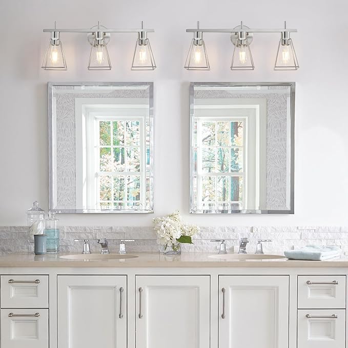 Industrial Bathroom Vanity Lights: 3-Lights Silver Brushed Nickel Vintage Metal Cage Wall Lamp - Rustic Farmhouse Light Fixture Over Mirrors Cabinet for Bath Hallway