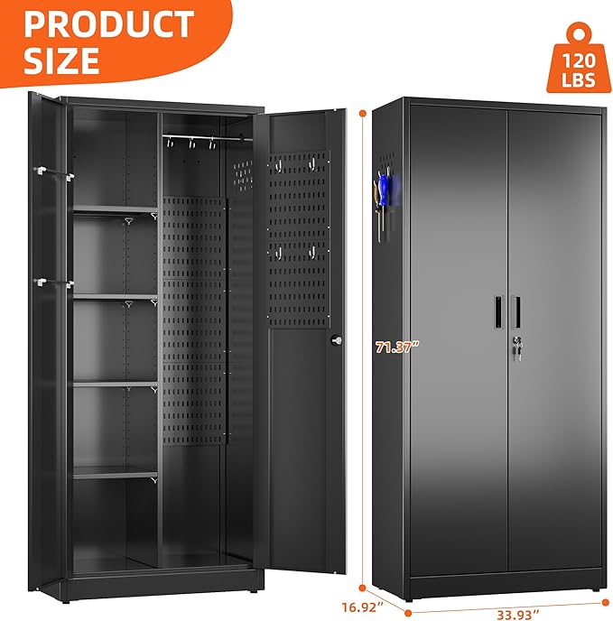 Aobabo Broom Closet Storage Cabinet, Lockable Garage Storage Cabinet for Home Garage, 71.37" H×33.93" W×16.92" D, Assembly Required, Black