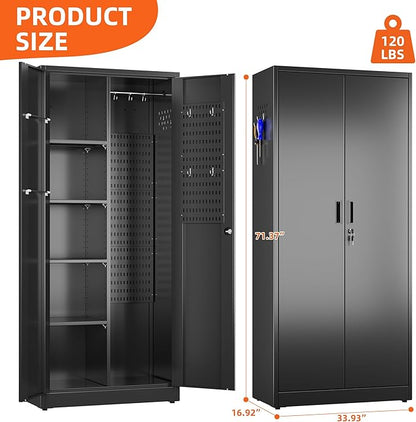 Aobabo Broom Closet Storage Cabinet, Lockable Garage Storage Cabinet for Home Garage, 71.37" H×33.93" W×16.92" D, Assembly Required, Black