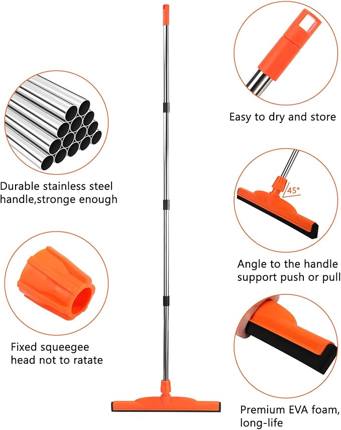 Multi-Purpose Floor Squeegee,Long-Handled EVA Scraper,Adjustable 68-inch Stainless Steel Rod, Ideal for Concrete, Tile, Garages, Terraces, Decks and Swimming Pools(Orange)