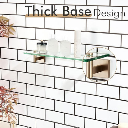 KOKOSIRI Wall Shelves Bathroom Hardware Tempered Glass Floating Shelf Hanging Rack Storage/Room Decor 20-Inch Champagne Bronze 2 Pack B1105CPG-L20-P2