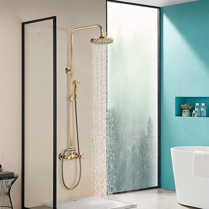 NeierThodore Antique Brass Bathroom Shower Faucet System Set 8 Inch Rainfall Shower Head Handheld Spray 2 Knobs Mixing