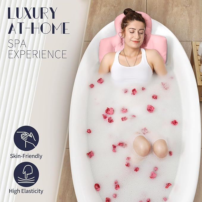 Full Body Bath Pillow for Bathtub, Thick Bathtub Cushion with Laundry Bag, Luxury Tub Pillow for Bath for Headrest Neck and Back Support Pink 56" x 16"