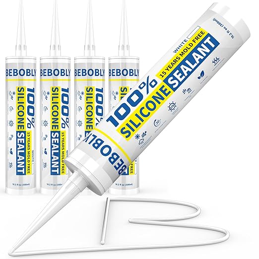 White Silicone Caulk & Sealant, 100% Waterproof Silicone Sealant Caulking, Shrink & Crack Proof, Silicone Caulking for Kitchen, Bathroom, RV, Interior & Exterior Use, 10.2 FL. OZ/300ML, 4 Pack