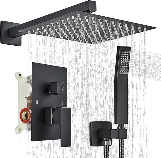 Shower Faucet 10 Inches Matte Black Shower System with Rainfall Shower Head and Handheld Spray Bathroom Luxury Rain Shower Faucet Set Complete Wall Mounted