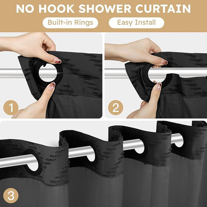No Hook Shower Curtain and Snap in Liner Set Black Tufted Chevron Striped Cloth Waterproof Washable Fabric Boho Farmhouse Bath Curtain See Through Mesh Top Window for Bathroom Hotel 71" x 86"