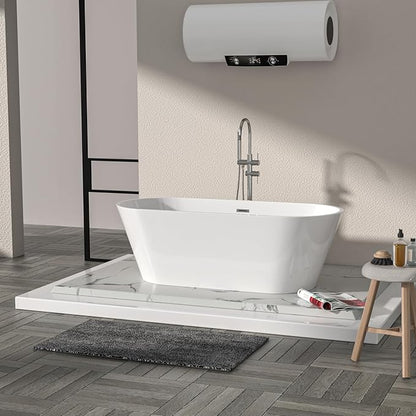 Logmey 63" White Acrylic Freestanding Bathtub Oval Shape Soaking Tub with Chrome Drain & Overflow Assembly for Classic and Modern Bathrooms