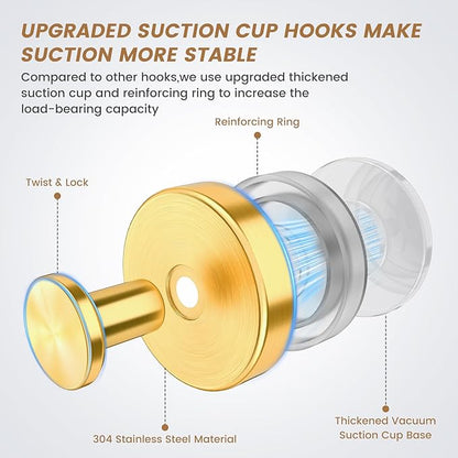 BKV Suction Cup Hooks for Glass Window,Removable Shower Hooks for Inside Shower,Metal Towel Hooks for Bathrooms,2 Pack(Gold)
