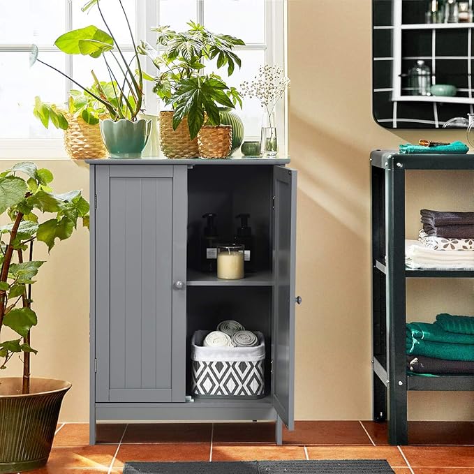 Tangkula Freestanding Storage Cabinet with Double Doors and Shelf, Modern Home Furniture, Wooden Organizer for Living Room and Bathroom, Grey