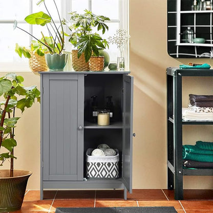 Tangkula Freestanding Storage Cabinet with Double Doors and Shelf, Modern Home Furniture, Wooden Organizer for Living Room and Bathroom, Grey