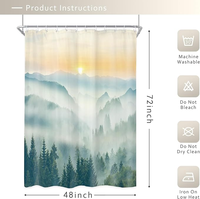 Riyidecor Small Stall Mountain Shower Curtain 48Wx72H Inch Rv Narrow Green Sunset Sunrise Scenery Landscape Woodland Greenery View Bathroom Decor Fabric Polyester Waterproof 8 Pack Hooks