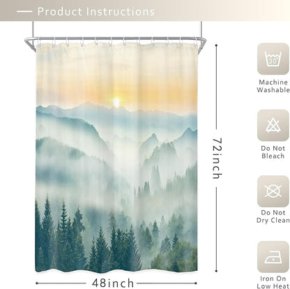 Riyidecor Small Stall Mountain Shower Curtain 48Wx72H Inch Rv Narrow Green Sunset Sunrise Scenery Landscape Woodland Greenery View Bathroom Decor Fabric Polyester Waterproof 8 Pack Hooks