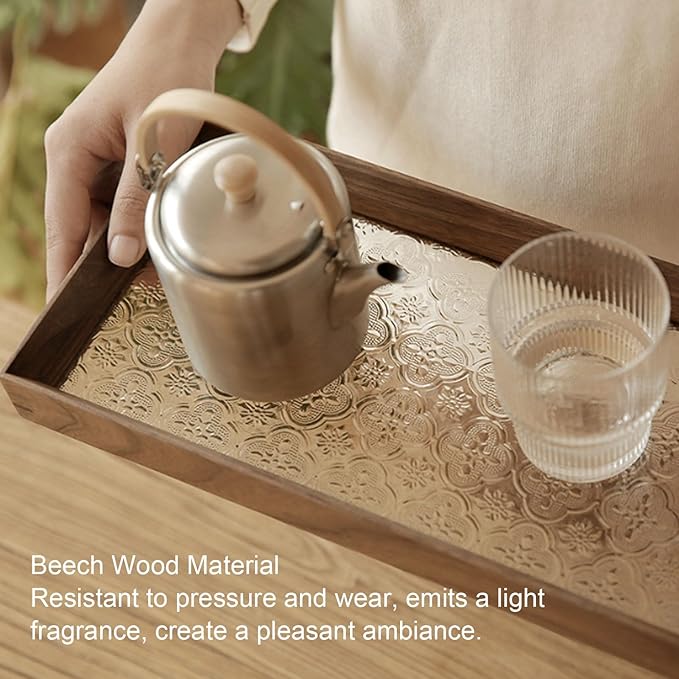 Zunate Beech Wood Bathtub Tray with Floral Embossment, Rustic Tub Caddy Holder for Wine Glass, Book,Candles, Bathroom Storage Organizer for Relaxing Bath