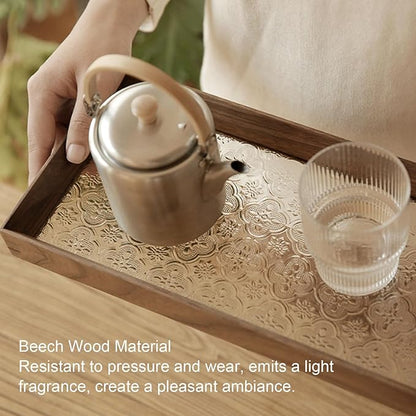 Zunate Beech Wood Bathtub Tray with Floral Embossment, Rustic Tub Caddy Holder for Wine Glass, Book,Candles, Bathroom Storage Organizer for Relaxing Bath